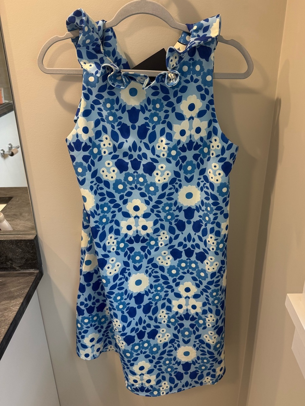 Tuckernuck Blue and White Floral Ruffle-Shoulder Shift Dress